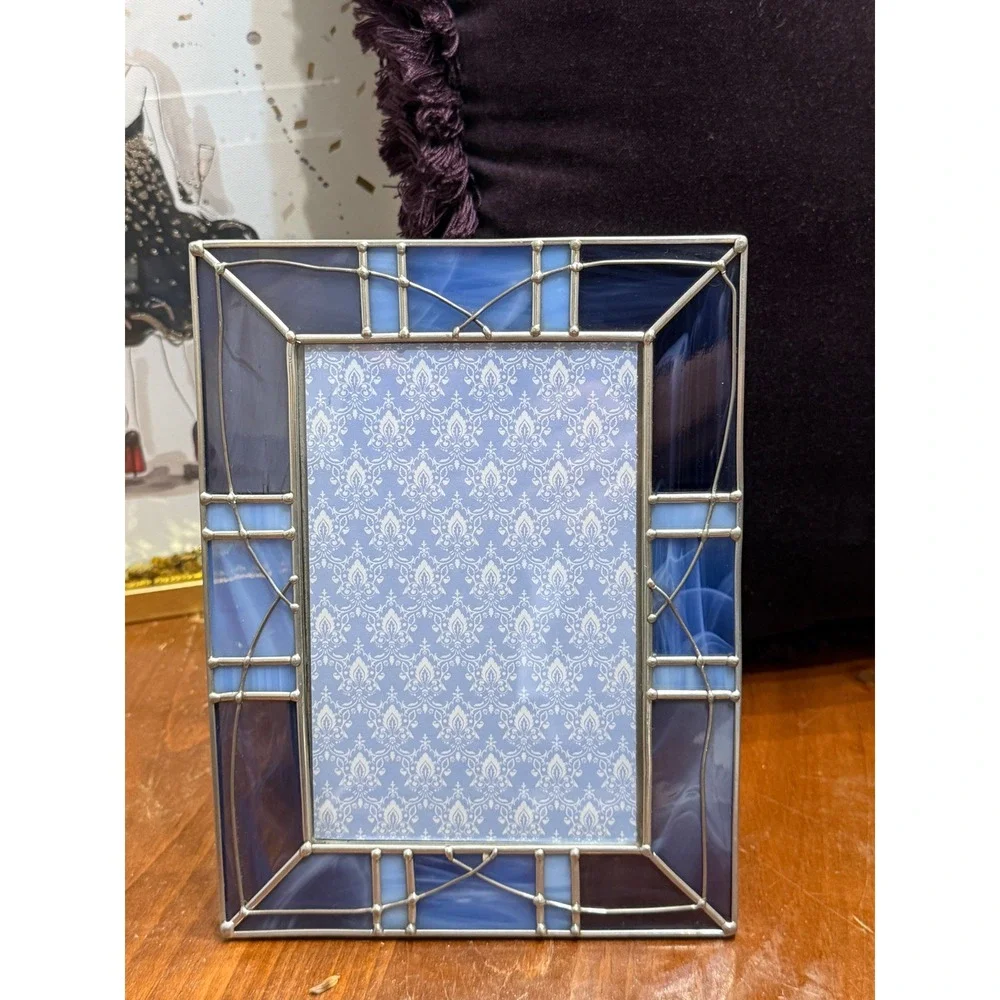 Blue Stained Glass Photo Frame Geometric Slag Glass 4x6 Tabletop Decor Silver